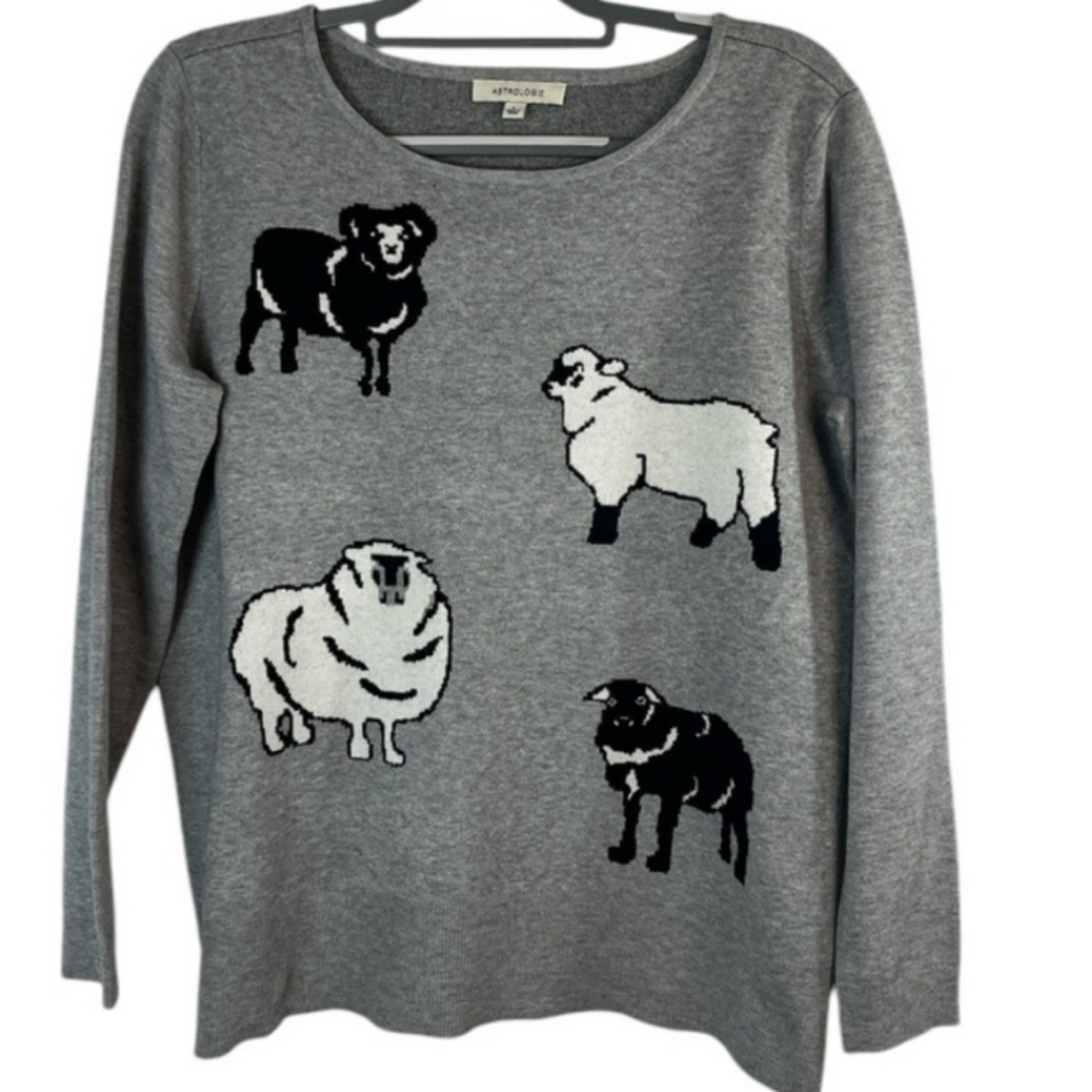 Astrologie gray sheep print sweater size large farm life animals black sheep